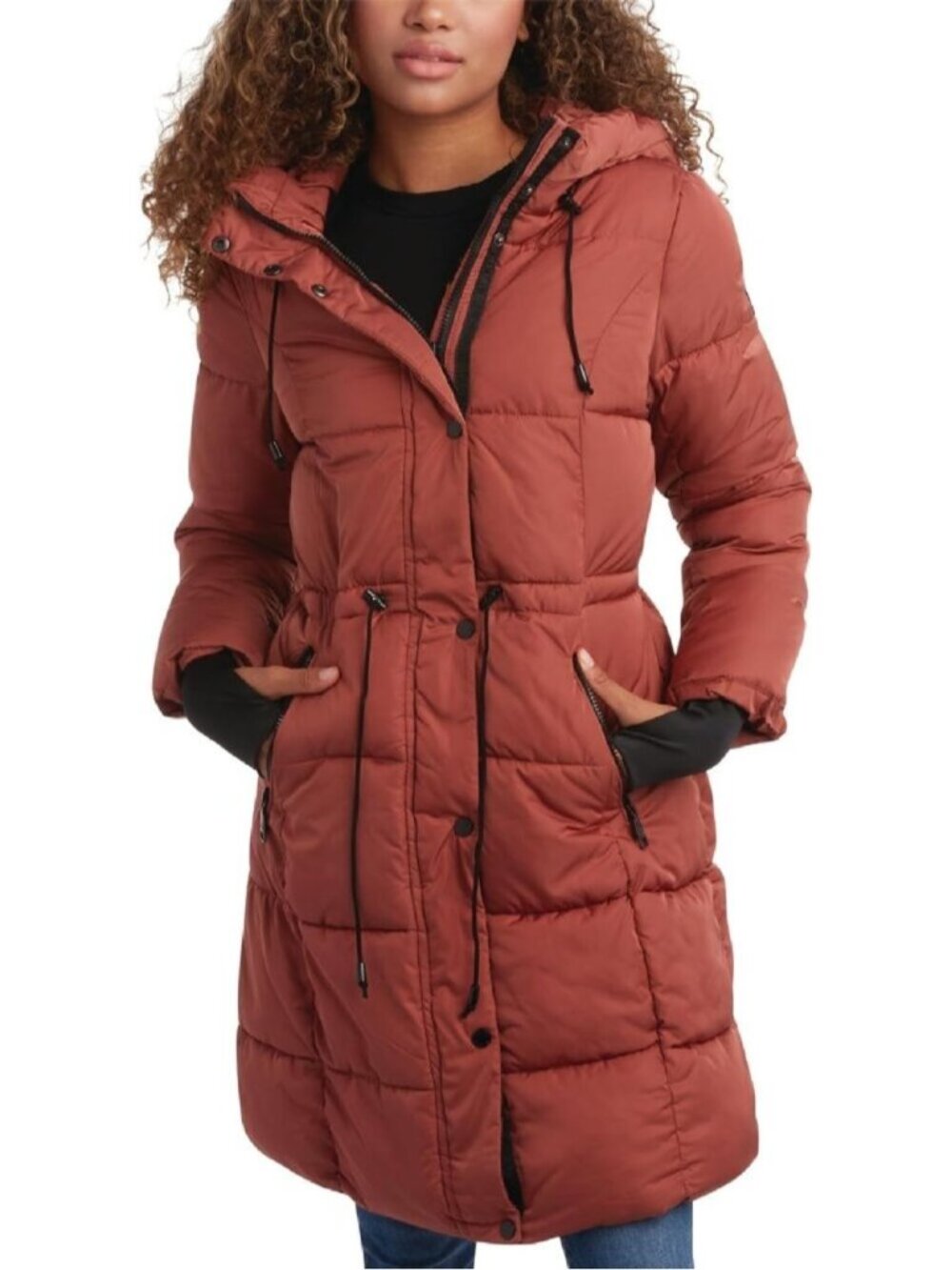 Women Terracotta Cozy Attached Hood Quilted Insulated Warmth Long Puffer Jacket